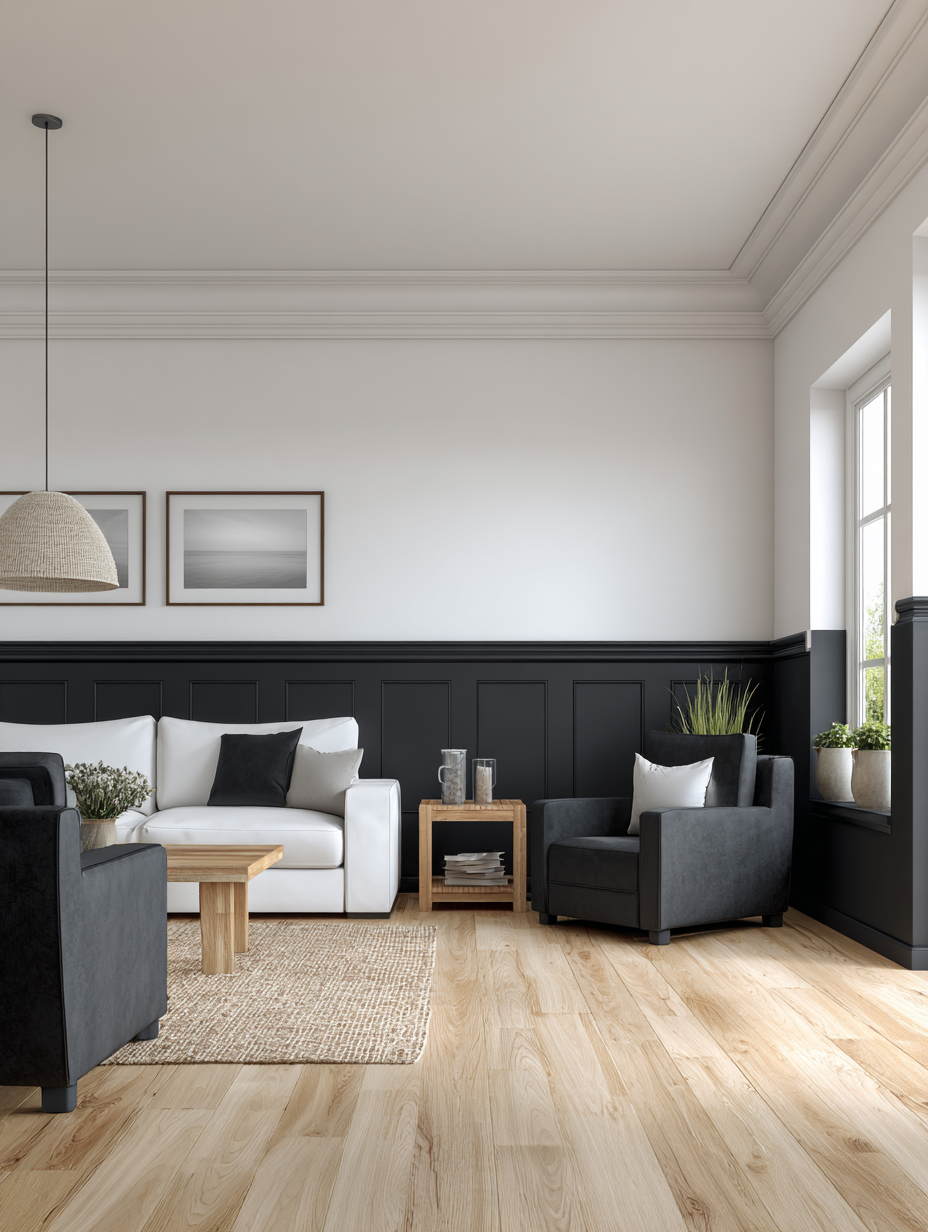 Modern interior with white ceiling, black and white painted walls, and clean minimalist design, high-contrast painting finish in a Hamilton home