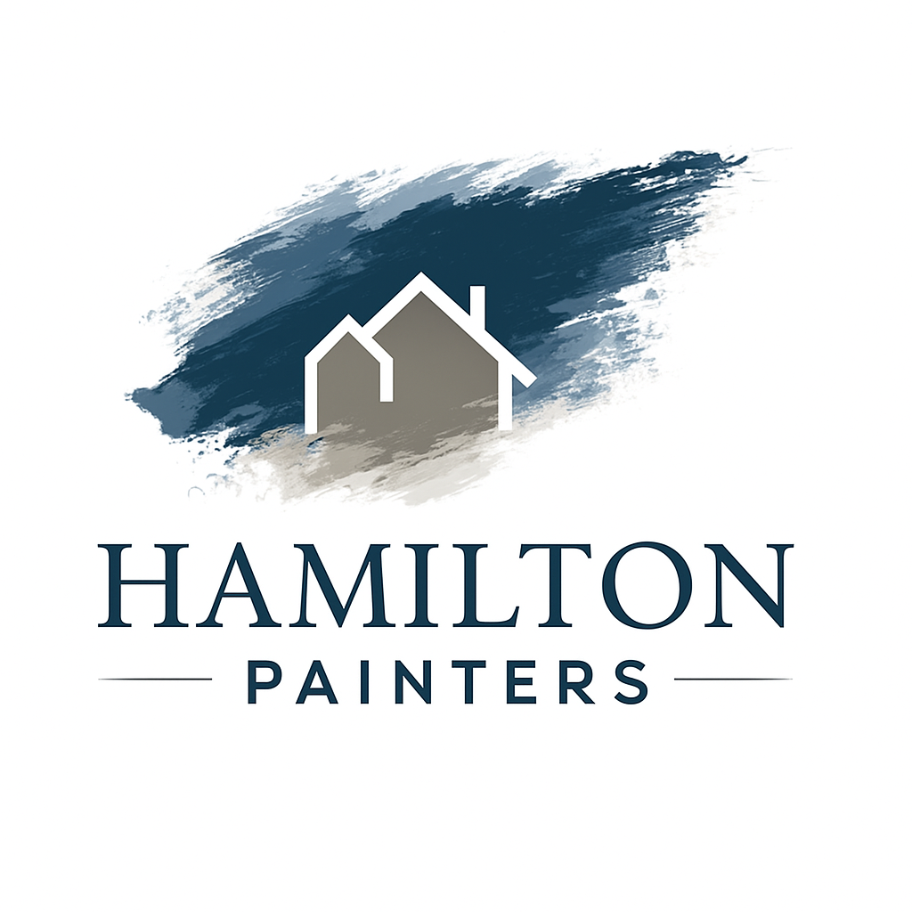 Hamilton Painters logo with a modern house icon and paint stroke background